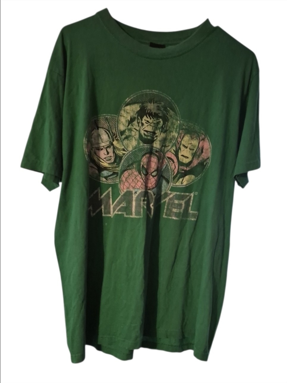Green Marvel tee with graphic of four superheroes in circular frames